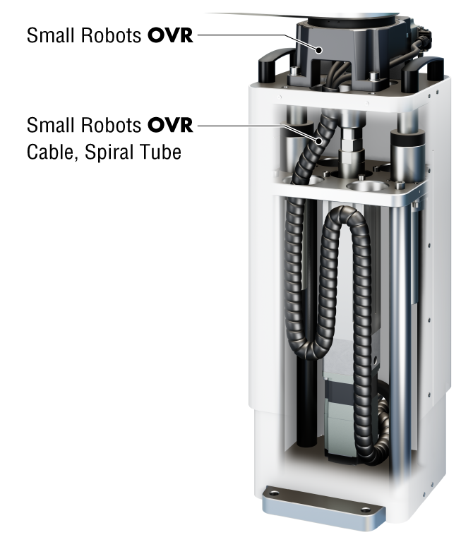Cutaway model showing the arrangement of the OVR robot body installed at the top and the spiral tubing for cable routing housed at the bottom. Cross-sectional view of the structure showing the cable storage mechanism inside the white enclosure