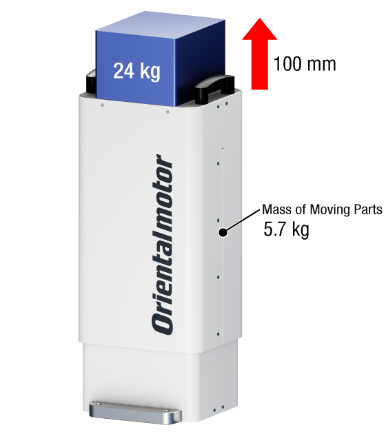 Example of electric lifting column operation - Figure showing how a white electric lifting column with Oriental Motor logo (mass of moving parts: 5.7 kg) lifts a 24 kg blue cube load upward by 100 mm