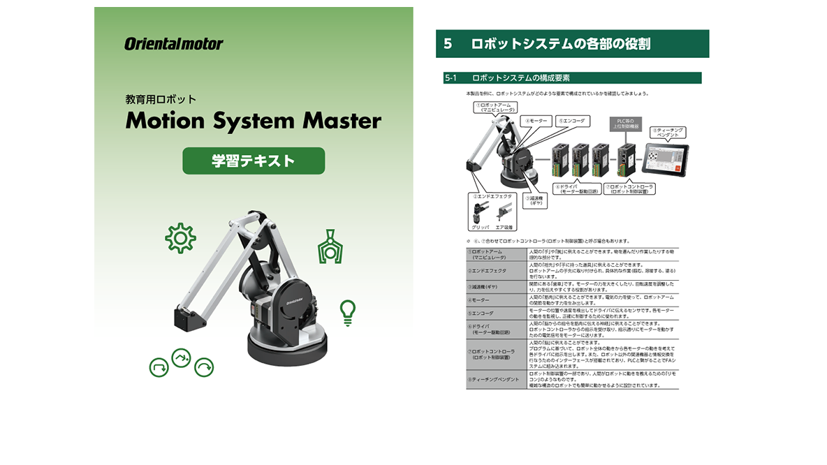 Cover image of Motion System Master textbook and pages explaining the robot system configuration
