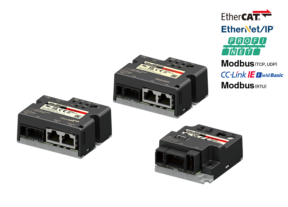 3 types of industrial compact driver modules supporting multiple communication protocols such as EtherCAT, EtherNet/IP, PROFINET, Modbus, and CC-Link IE Field Basic are lined up.