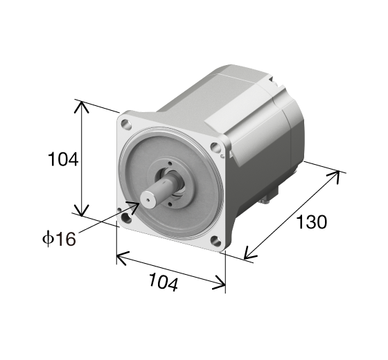 Motor dimensions. 3D diagonal view of the motor body with dimensions of 104 mm in height, 104 mm in width, 130 mm in depth, and has a 16 mm diameter output shaft on the front. Each dimension is clearly marked with arrows and numerical values.