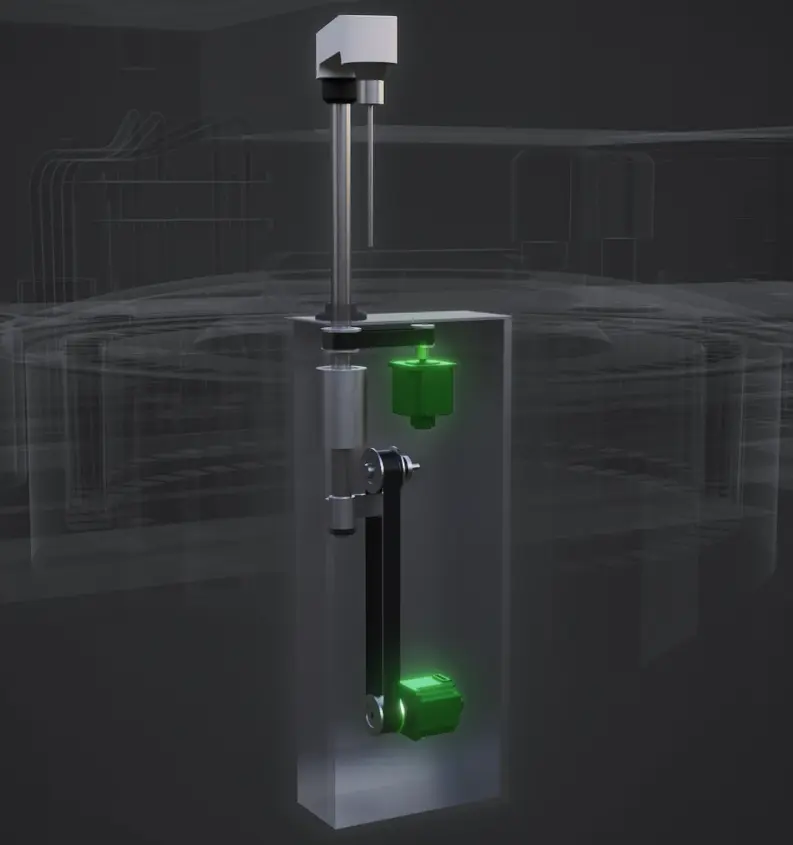 Inside the equipment with vertical 2-axis, structural diagram of the space saving, in which the number of drive units has been reduced by replacing them with motors with encoders. Driving parts are highlighted in green.