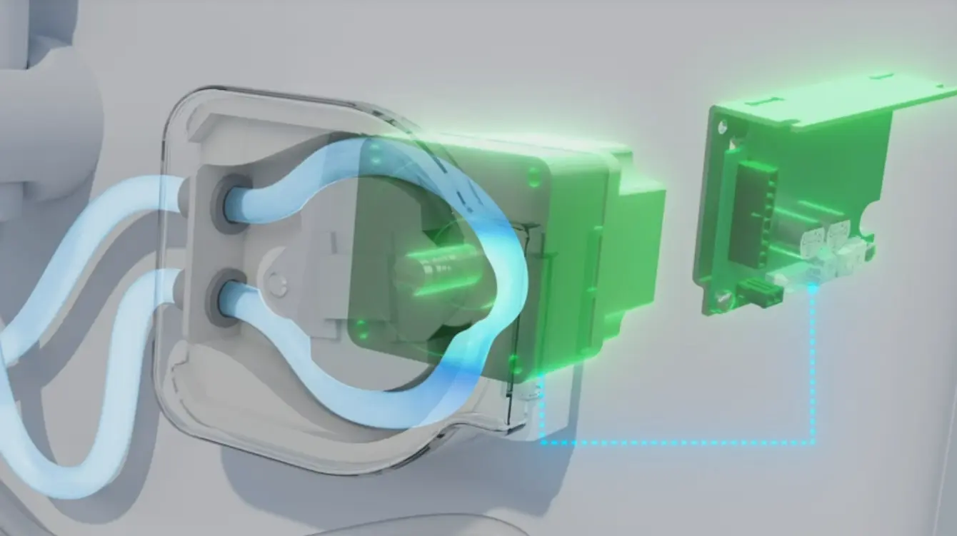 Configuration image of the inside of medical equipment with a space-saving brushless motor and control board connected.